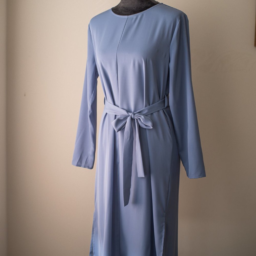soft blue belted midi dress